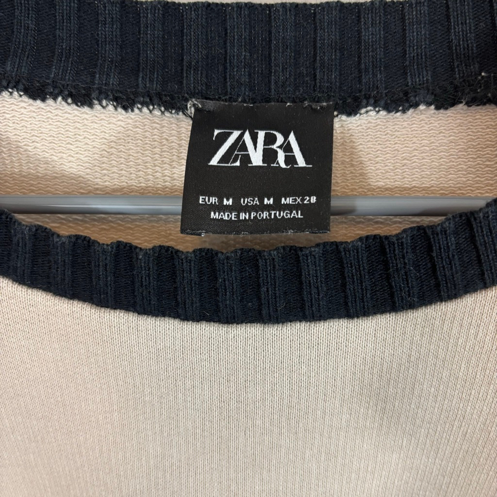 Women’s Zara Colorblock Cotton Sweatshirt Beige Denim Sleeve Cropped Pullover M - Picture 3 of 5